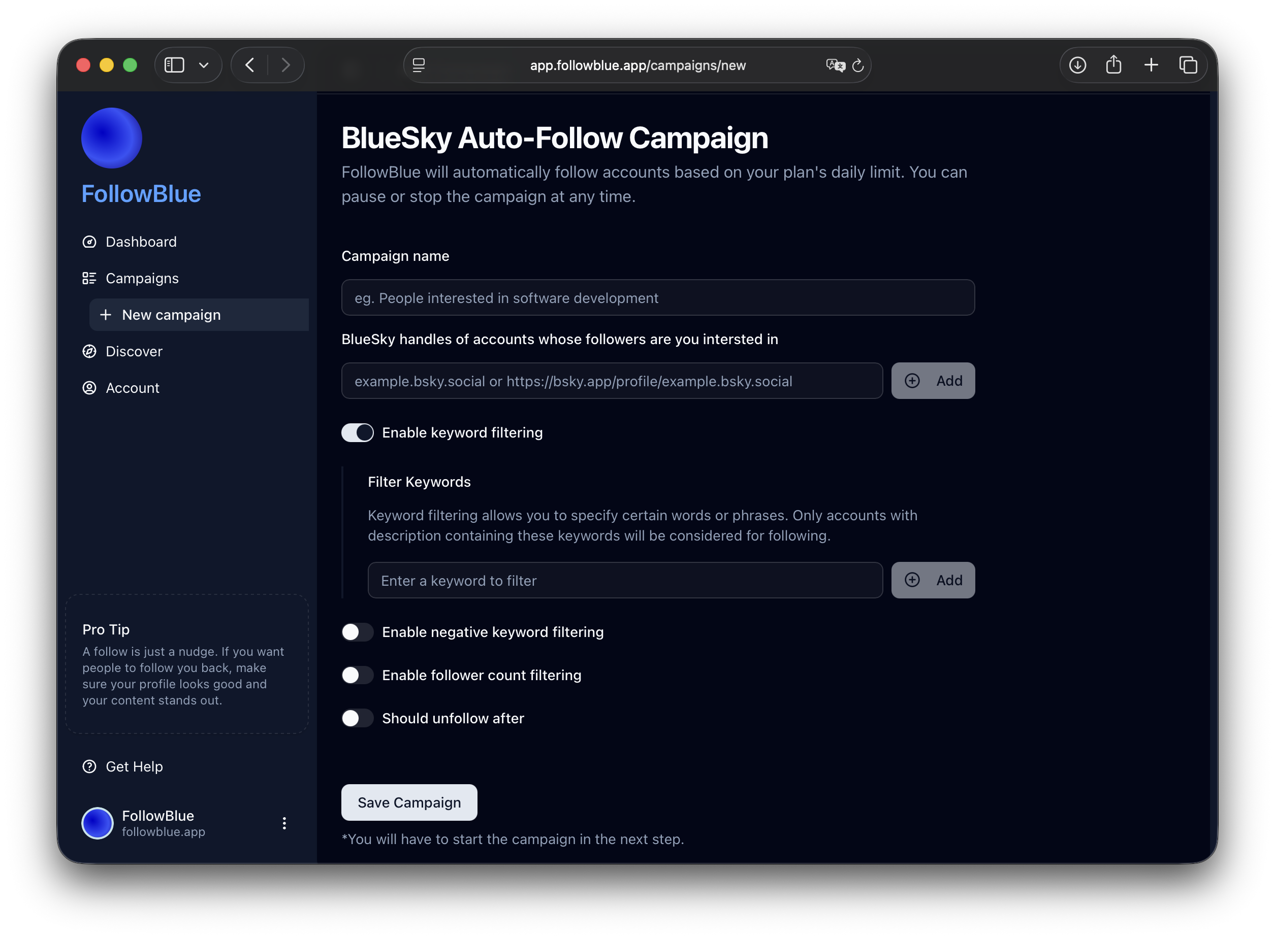 FollowBlue Campaign Keywords Setup